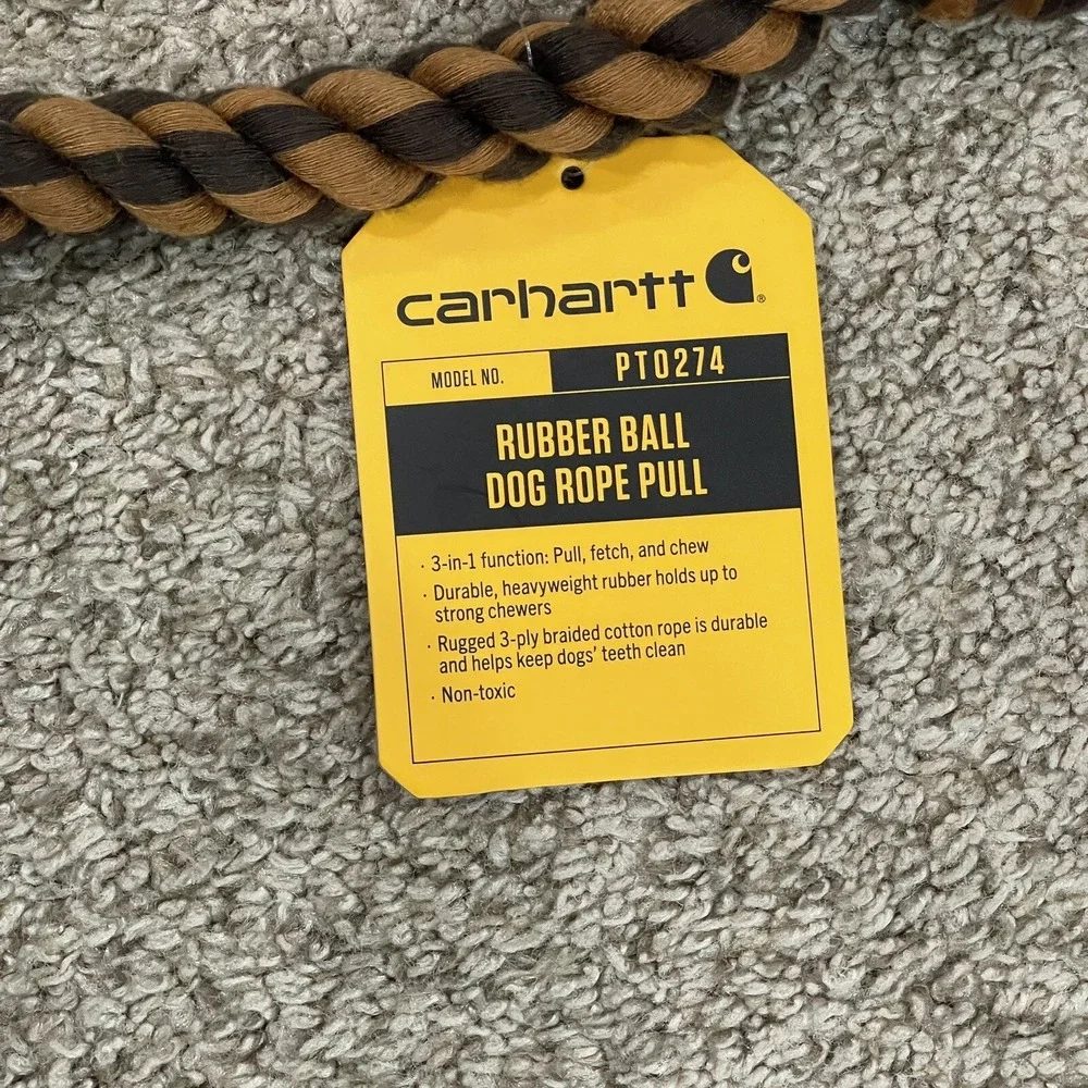 NEW Carhartt Dog Rope Pull Toy Durable Rubber Ball Tug Fetch Chew Brown PT0274